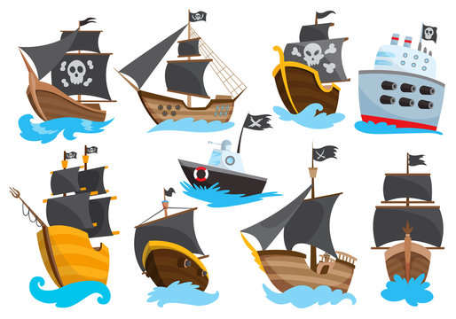 Set of Wooden pirate buccaneer filibuster corsair sea dog ship icon game, isolated flat design. Color cartoon frigate. Vector illustration