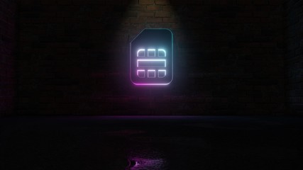 3D rendering of blue violet neon symbol of sim card icon on brick wall