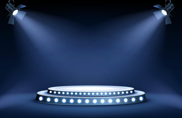Round podium or stage in the rays of spotlights, realistic vector illustration. Pedestal for winner or award ceremony, empty platform for presentation, performance or show at night club, soon coming - obrazy, fototapety, plakaty