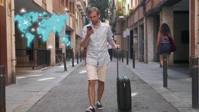 World map animation flight, Young man walking in the airport, near suitcase baggage use his phone booking hotel. Business style, active lifestyle.