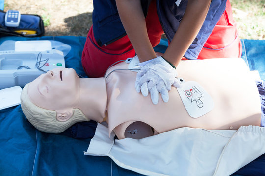 First aid and CPR training using automated external defibrillator device - AED