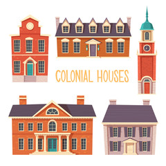 Fototapeta premium Urban retro colonial style building cartoon vector set illustration. Old residential and government buildings, Victorian houses isolated on white background