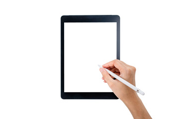 Technology Concept. Hand using Tablet with stylus or pencil