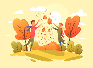 Happy people in an autumn park. Trend colors. Vector illustration in cartoon flat style. Autumn background - landscape illustration with autumn forest. Design template