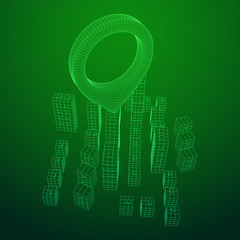 Geo map pin on Mesh low poly wireframe cubes array like skyscraper city. Connected lines town. Connection Box Structure. Digital Data Visualization Concept. Vector Illustration.. Place GPS pictogram.