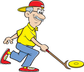 Cartoon illustration of a senior citizen playing shuffleboard.