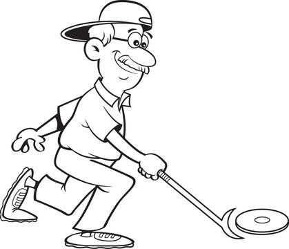 Black And White Illustration Of A Senior Citizen Playing Shuffleboard.