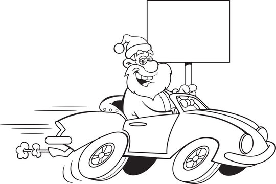 Black and white illustration of Santa Claus driving a sports car while holding a sign.