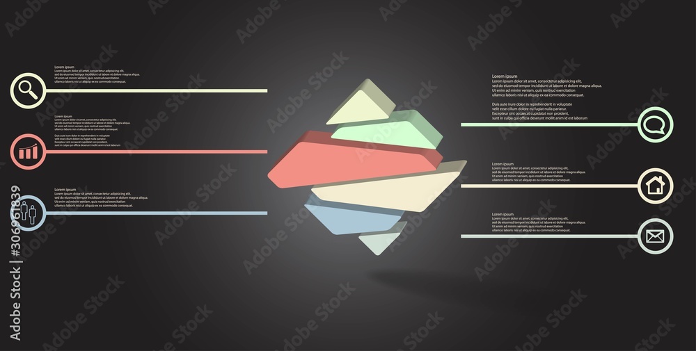 Wall mural 3D illustration infographic template with embossed rhomb randomly divided to six parts