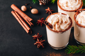 Traditional Christmas drink Eggnog with whipped cream and cinnamon on dark stone background.