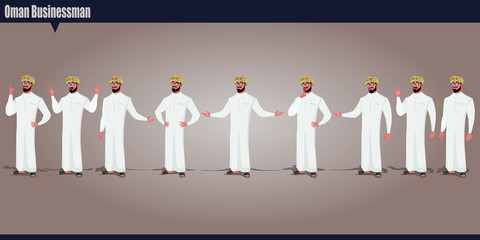 Arab Omani male character set with hand poses and actions Vector illustration design. Oman businessman vector illustration. - obrazy, fototapety, plakaty