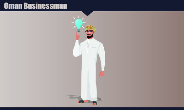 Arab Omani Male Character With An Idea, Pointing A Bulb. Oman Businessman Vector Illustration.