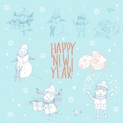 Vector image of a joyful girl, boys, Santa Claus, snowmen with dogs, birds, hearts, stars and snowflakes with the inscription 
