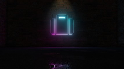 3D rendering of blue violet neon symbol of suitcase icon on brick wall