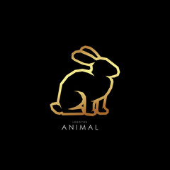 Contour golden rabbit logo on a black background. For printing on clothes, symbol of organization. For your design.