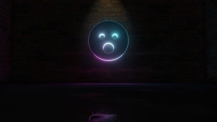 3D rendering of blue violet neon symbol of surprise icon on brick wall