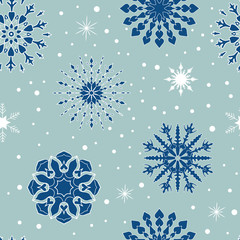 Seamless pattern with abstract snowflakes. Snowy winter background. Vector illustration. Winter motifs for wrapping paper. Beautiful ornament. Blue snow on green mint backdrop.