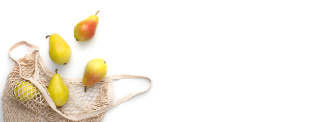 Fashion reusable string shopping bag with yellow pears on white
