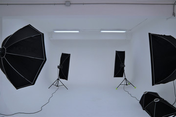 Photography equipment lighting system camera portrait professional studio set up position with white background 