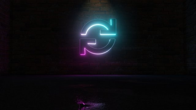 3D rendering of blue violet neon symbol of sync icon on brick wall