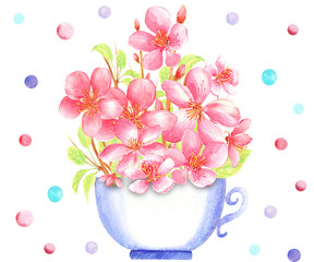 Cherry blossom in a lilac tea mug, colorful confetti.   Hand painted floral watercolor stock illustration. Isolated elements on  a white background. Perfect for easter spring invitations cards.
