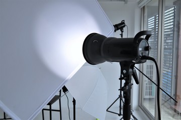Photography equipment lighting system camera portrait professional studio set up position with...