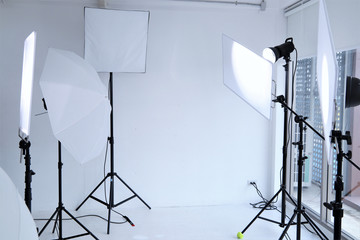 Photography equipment lighting system camera portrait professional studio set up position with white background 