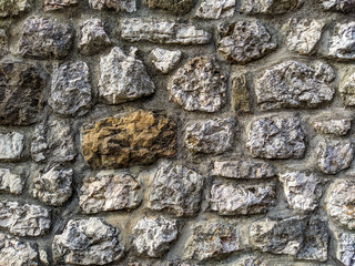 Old looking retro and vintage wall facade or ground surface made of stone rock bricks and tiles glued with cement