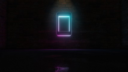 3D rendering of blue violet neon symbol of technology  icon on brick wall