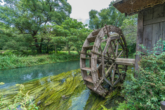 Watermill by Sai river (犀川) near Daio Wasabi Farm in Azumino, Nagano Prefecture, Japan