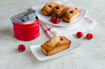 Financier cakes with raspberry and coconut flakes on white plate on light background