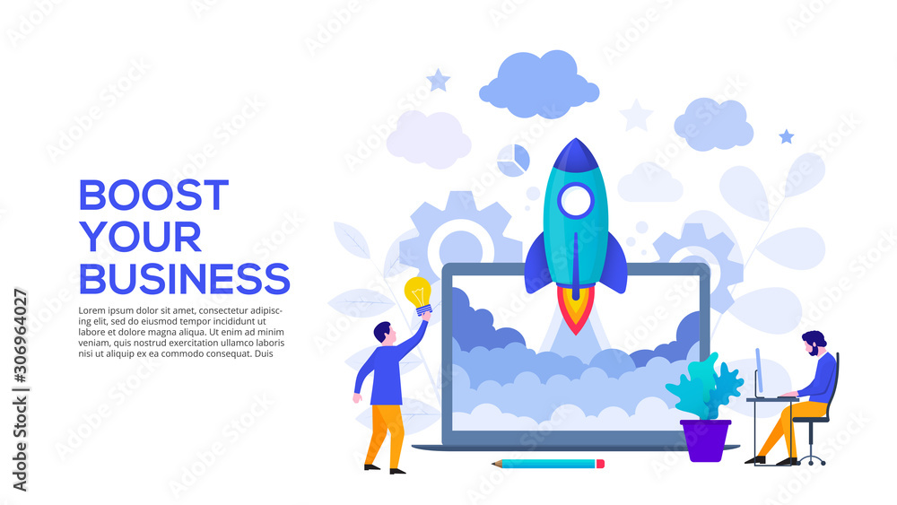 Aufkleber Boost your business concept with rocket, laptop and characters. Vector illustration. Landing page template for web and mobile.