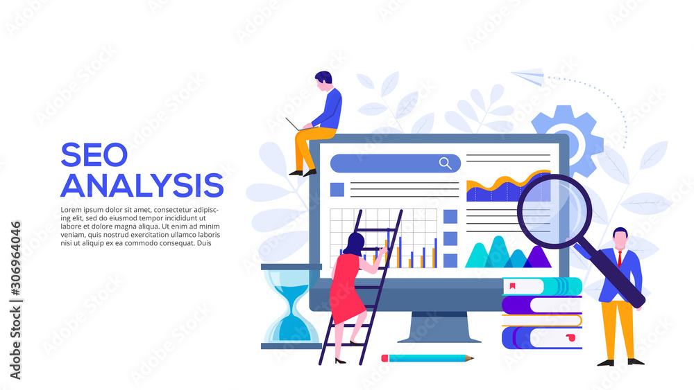 Poster seo analysis concept with monitor, hourglass and characters. vector illustration. landing page templ