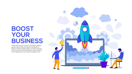 Boost your business concept with rocket, laptop and characters. Vector illustration. Landing page template for web and mobile.