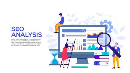 Seo analysis concept with monitor, hourglass and characters. Vector illustration. Landing page template for web and mobile.