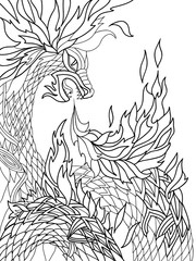  Fire Dragon. Graphic, black and white sketch drawing of a dragon symbolizing the element of fire on a white background.