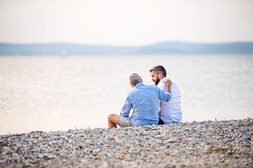 Rear view of senior father and mature son sitting by the lake, talking.