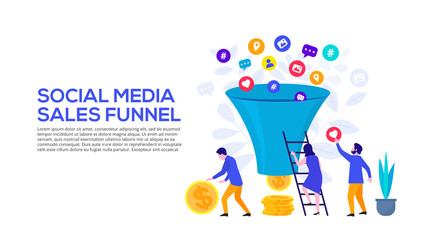 Social media sales funnel concept with characters. Vector illustration. Landing page template for web and mobile.