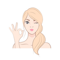Young blonde girl shows OK gesture and winks. Portrait isolated on white background in Cartoon style 