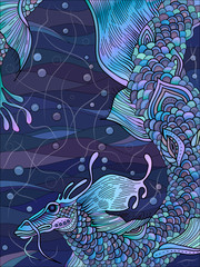 Water blue dragon. Graphic, color sketch of a dragon symbolizing the element of water.