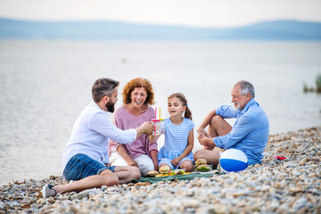 Multigeneration family on a holiday by the lake, having picnic.