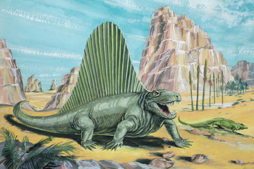 DIMETRODON. A flesh-eating, early mammal-like reptile (not actually a dinosaur). About 11ft (3-5m) long. Background animal: Varanosaurus. Permian, about 250 million years ago. 