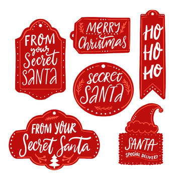 Secret Santa gift tags, red labels with text. Handwritten inscriptions from your Secret Santa, Merry Christmas, Ho ho ho, santa special delivery