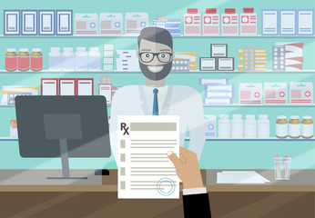 hand holding a prescription rx form. Interior pharmacy or drugstore with male pharmacist at the counter. Medicine pills capsules bottles vitamins and tablets. vector illustration in flat style