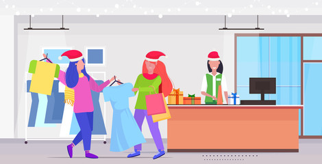 women shoppers in santa hats fighting for last dress customers couple on seasonal shopping sale fight concept modern fashion boutique interior full length horizontal vector illustration