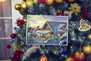 Photo christmass festive tree decorated with toys with Christmas greeting card