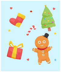 Naklejka premium Collection of vector hand drawn Happy New Year and Merry Christmas decorative elements. cute ginger. christmas tree. gift. candy
