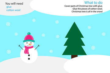 Xmas winter craft activity, snow and tree, education game for development of preschool children, use glue and cotton wool to create the applique, art worksheet for kids, vector illustration