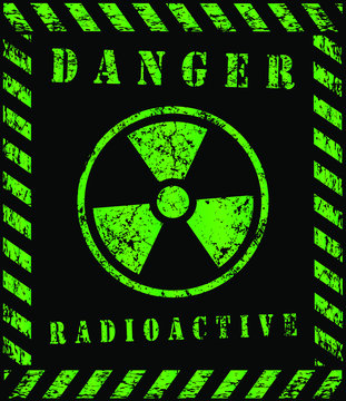green grunge Radioactive radiation warning icon symbol shape. Atomic energy nuclear danger caution logo sign. Vector illustration image. Isolated on yellow 
