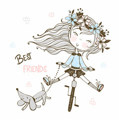 Cute girl on a bike with her dog Dachshund. Best friends. Vector